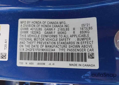 2022 Honda Civic Touring z USA, uszkodzony, nr VIN 2HGFE1F91NH302344